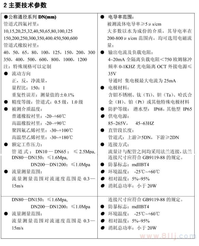 分體式電磁流量計技術(shù)參數(shù)